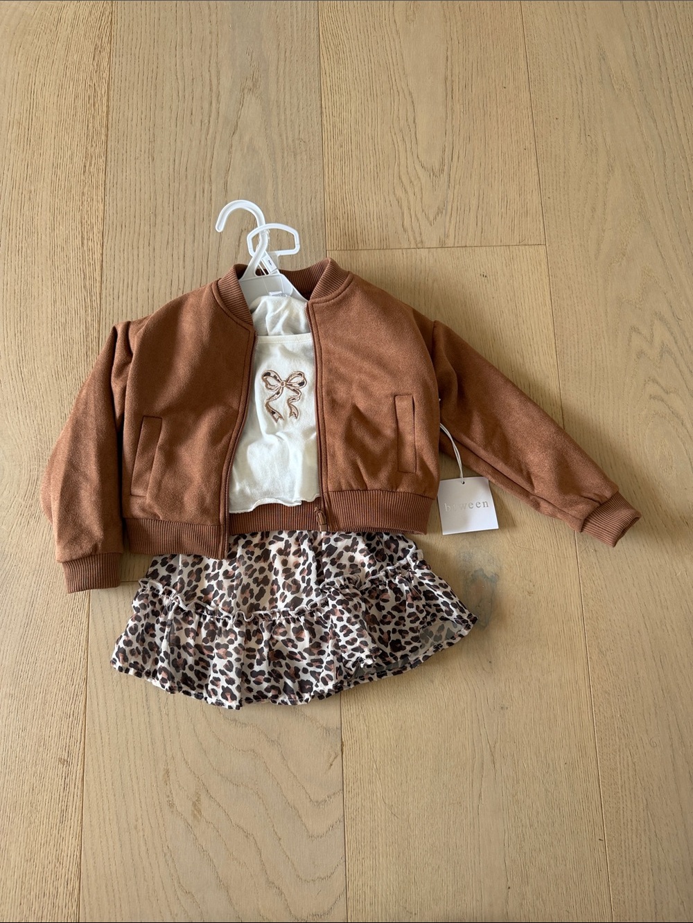 3 piece Girls Rust Brown Bomber Jacket with Cream Top & Leopard Skirt 2T